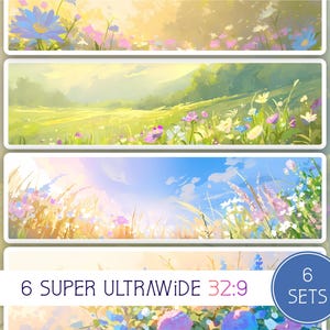 Könnte beinhalten: Eine Sammlung von sechs super ultraweiten 32:9 Landschaftskunst-Drucken. Jeder Druck zeigt eine lebendige, farbenfrohe Wiesenlandschaft mit Blumen, Gras und einem hellen Himmel. Die Kunstwerke werden in einem rechteckigen Format mit einem weichen, malerischen Stil präsentiert.