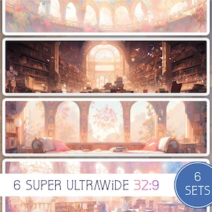 May include: Six digital backgrounds featuring a whimsical library setting with arched windows, bookshelves, and soft lighting. The backgrounds are in a 32:9 aspect ratio, ideal for super ultrawide displays.