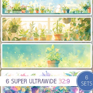 May include: Six sets of digital backgrounds featuring a variety of plants in pots, with a soft, watercolour-like style. The backgrounds are in a 32:9 aspect ratio, making them ideal for ultrawide monitors.