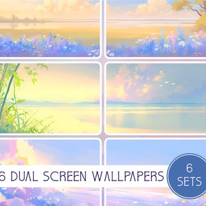Könnte beinhalten: Sechs Dual-Screen-Hintergründe mit ruhigen Landschaftsszenen. Jede Szene zeigt eine friedliche Aussicht mit sanften Pastellfarben, darunter Blau-, Gelb- und Lilatöne. Die Bilder zeigen Felder, Wasser und Himmel, mit dem Text "6 Dual Screen Wallpapers" und "6 Sets".