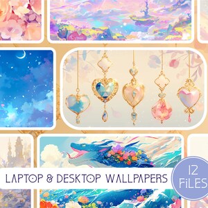 Könnte beinhalten: Eine Collage aus 12 digitalen Illustrationen mit einer Vielzahl von fantasievollen und verträumten Szenen. Die Bilder zeigen ein rosafarbenes Blumenmuster, einen blauen Himmel mit Sternen und einer Mondsichel, eine Landschaft mit einem Regenbogenhimmel, einen Drachen, der in einem Meer aus Blumen schwimmt, ein Schloss und einen Laternenpfahl mit einer Laterne. Der Text "LAPTOP & DESKTOP WALLPAPERS 12 FILES" ist ebenfalls in der Collage enthalten.