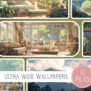 Könnte beinhalten: Eine Collage aus 12 Ultra-Wide-Hintergrundbildern mit verschiedenen Szenen, darunter ein sonnendurchflutetes Wohnzimmer mit großen Fenstern, ein üppiger grüner Garten mit einem Haus im Hintergrund und ein Blick auf eine Bergkette mit bewölktem Himmel.