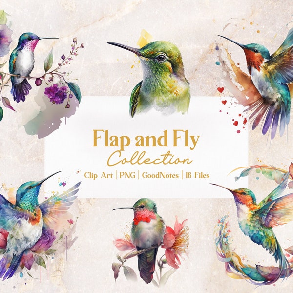 16 pc Flap and Fly Clipart Collection, Commercial Use, Goodnotes, Bonus Stickers, hummingbird-themed, pretty bird and flowers, vibrant bird
