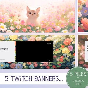 Puede incluir: Cinco diseños de banners de Twitch con un gato blanco en un campo de flores rosas y amarillas. Los banners incluyen el texto "SunnyAndLight is offline." y un cuadro negro para un reproductor de video.
