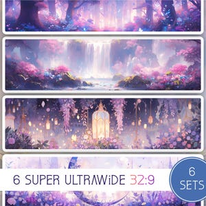 May include: Six digital backgrounds featuring a fantasy forest with a waterfall, lanterns, and flowers in shades of purple, pink, and blue. The backgrounds are in a 32:9 aspect ratio and are labelled "6 Super Ultrawide 32:9 Sets".