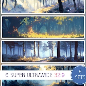 Könnte beinhalten: Ein Set aus sechs Landschaftskunst-Drucken mit Waldszenen mit Sonnenlicht. Die Drucke sind im Super-Ultrawide-Format 32:9. Die Kunstwerke haben einen verträumten, malerischen Stil.