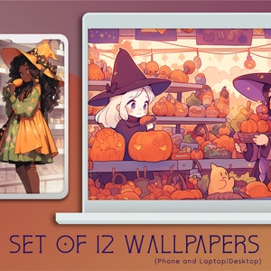 Cute Witch Wallpaper Collection, 12 Digital Backgrounds, Commercial Use, High Resolution, 16:9, Mobile and Desktop, Lofi, Instant Download