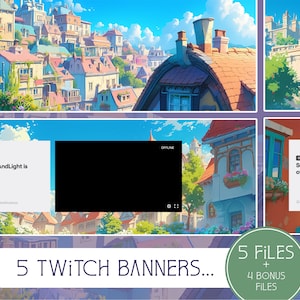 Puede incluir: Cinco diseños de banners de Twitch que presentan una ciudad de dibujos animados con edificios coloridos y un cielo azul. Los banners incluyen el texto "SunnyAndLight is offline." y "5 Twitch Banners... 5 Files + 4 Bonus Files".