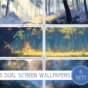 May include: Six dual-screen wallpapers featuring serene forest scenes. The images depict sunlight filtering through trees, creating a warm, inviting atmosphere. The color palette includes blues, greens, and yellows, evoking a sense of tranquility.
