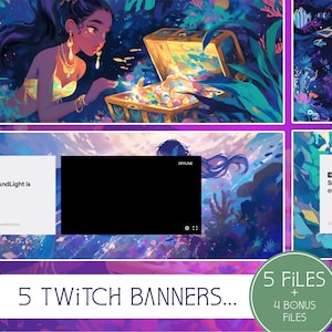 Puede incluir: Cinco diseños de banners de Twitch con una sirena con un cofre del tesoro, una pantalla negra con el texto "OFFLINE" y las palabras "SunnyAndLight is offline." Las pancartas están sobre un fondo submarino colorido.