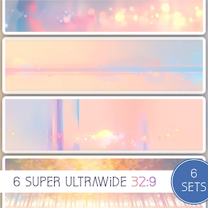 Könnte beinhalten: Ein Bild mit sechs Sets von super-ultrabreiten 32:9 digitalen Hintergründen. Die Hintergründe weisen weiche, pastellfarbene Farbpaletten mit verschwommenen Bokeh-Effekten und abstrakten Designs auf. Der Text "6 SUPER ULTRAWIDE 32:9" und "6 SETS" ist enthalten.