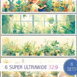 May include: Six sets of digital illustrations featuring a variety of green plants in pots, with a window in the background. The illustrations are in a watercolor style and have a soft, dreamy aesthetic. The text "6 SUPER ULTRAWIDE 32:9 SETS" is displayed at the bottom of the image.