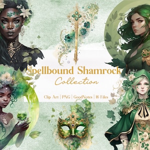 Puede incluir: Una colección de ilustraciones digitales con cuatro mujeres con cabello y ropa verde, rodeadas de tréboles y flores. El texto "Spellbound Shamrock Collection" está en el centro de la imagen. Clip Art | PNG | GoodNotes | 16 Archivos