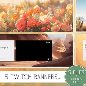 Puede incluir: Cinco diseños de banners de Twitch con un paisaje desértico, una pantalla negra y el texto "SunnyAndLight is offline." Las pancartas están rodeadas por un borde floral de flores rosas y naranjas.