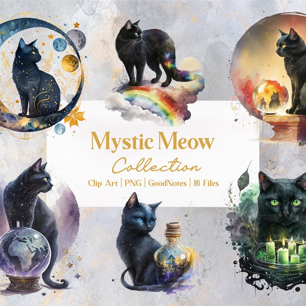 16 pc Mystic Meow Clipart Collection, Commercial Use, Goodnotes, Bonus Stickers, black cat-themed, magical Cat with witch hat stickers