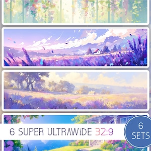 Op de afbeelding: Zes sets met super ultrawide 32:9 digitale achtergronden met verschillende landschappen met lavendelvelden, huizen en bomen. De achtergronden zijn in een zachte, pastelkleurige kleurenpalet.