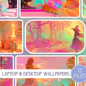Könnte beinhalten: Eine Collage aus 12 digitalen Hintergrundbildern mit einem fantasievollen, magischen Thema. Die Bilder zeigen einen Waldweg, eine Hexe, eine Tür, Kerzen und Tränke. Der Text "LAPTOP & DESKTOP WALLPAPERS" und "12 FILES" ist in der Collage enthalten.