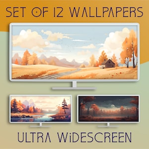 Könnte beinhalten: Ein Set mit 12 Herbst-tapeten im Ultra-Breitbildformat, die verschiedene Landschaften mit Bäumen, einem Haus und einem Bahngleis zeigen. Der Text "SET OF 12 WALLPAPERS" und "ULTRA WIDESCREEN" ist auf dem Bild zu sehen.
