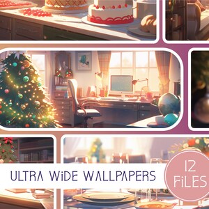 Cozy Holidays Wallpaper Collection, 12 Digital Backgrounds, Commercial Use, High Resolution, 21:9, Banner, Desktop, Lofi, Instant Download