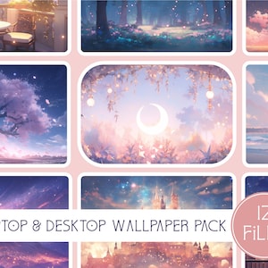 May include: A collage of 12 pastel-colored digital illustrations featuring dreamy landscapes, including a moonlit forest, a cherry blossom tree, a castle, and a beach scene. The text "LAPTOP & DESKTOP WALLPAPER PACK" and "12 FILES" is included in the image.