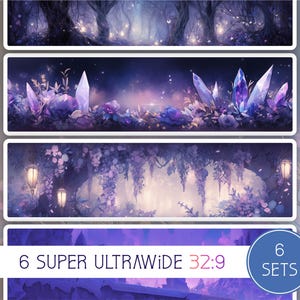 Può includere: Sei set di sfondi digitali che rappresentano una scena di foresta fantasy con fiori viola, luci scintillanti e formazioni di cristalli. Gli sfondi sono in un formato super ultra-wide 32:9.