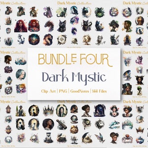 May include: A digital clip art bundle of 144 watercolor illustrations in a dark mystic theme. The illustrations include a variety of images, such as skulls, cats, butterflies, and crowns. The bundle is titled "Bundle Four Dark Mystic Clip Art | PNG | GoodNotes | 144 Files".