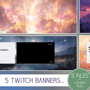 Puede incluir: Cinco diseños de banners de Twitch que presentan una variedad de paisajes con un cielo nocturno estrellado, una cascada y una cordillera. Los banners incluyen el texto "SunnyAndLight is offline." y "Activar notificaciones".