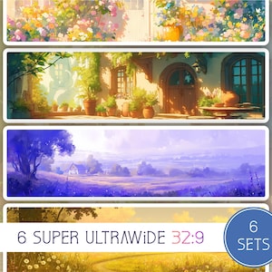 Könnte beinhalten: Sechs Sets mit super-ultrawide 32:9 digitalen Hintergründen mit verschiedenen Szenen, darunter ein Haus mit Garten, ein Blumenfeld und eine ländliche Landschaft.