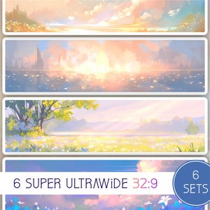Puede incluir: Un conjunto de seis impresiones artísticas de paisajes super ultraanchos 32:9. Cada impresión presenta una escena de ensueño diferente, incluyendo un castillo, un horizonte urbano y un campo de flores. La paleta de colores incluye azules, rosas y amarillos suaves.