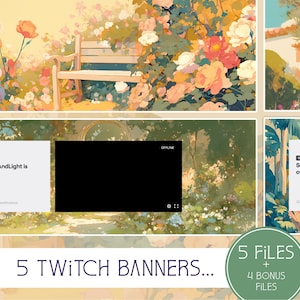 Puede incluir: Arte digital que presenta cinco banners de Twitch con temas florales y de jardín. Los banners incluyen un banco, flores y una casa. El texto en los banners dice "SunnyAndLight is offline". La imagen también incluye el texto "5 Twitch Banners..." y "5 Files + 4 Bonus Files."