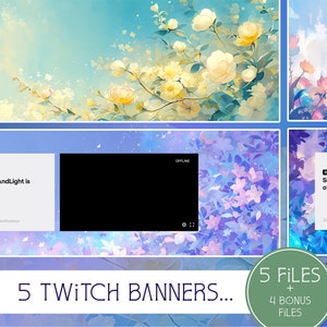 Puede incluir: Cinco diseños de banners de Twitch con un fondo floral morado y azul, una pantalla negra y un cuadro de texto blanco que dice "SunnyAndLight is offline."