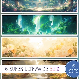 Könnte beinhalten: Sechs Sets mit super-ultrawide 32:9 digitalen Hintergründen, die üppige grüne Wälder, Wasserfälle und blühende Blumen zeigen. Die Hintergründe sind perfekt, um eine ruhige und natürliche Atmosphäre in Ihren digitalen Projekten zu schaffen.