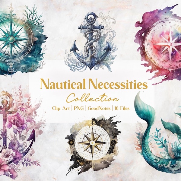 16 pc Nautical Necessities Clipart Collection, Commercial, Goodnotes, Bonus Stickers, sailor navigation-themed, globes, anchors, compasses