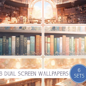 Könnte beinhalten: Sechs Sets mit Dual-Screen-Hintergrundbildern, die ein Bibliotheksinnere mit Bücherregalen voller Bücher zeigen. Das Bild hat ein warmes, goldenes Licht und eine weiche, verträumte Ästhetik. Der Text "6 DUAL SCREEN WALLPAPERS 6 SETS" ist im Bild sichtbar.