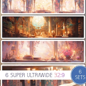 May include: Six super ultrawide 32:9 digital backgrounds featuring a library with a large window, a window with a view of a forest, and a bookshelf with candles.