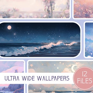 Könnte beinhalten: Eine Collage aus 12 ultrabreiten Hintergrundbildern mit verträumten Landschaften in Pastellfarben, Wolken, Sternen und einem Mond. Der Text "ULTRA WIDE WALLPAPERS" und "12 FILES" ist im Bild sichtbar.