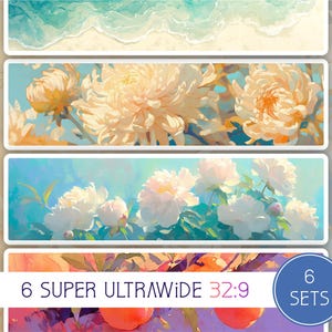 Könnte beinhalten: Eine Sammlung von sechs Bildern im Aquarellstil mit floralen und landschaftlichen Themen. Die Bilder zeigen Meereswellen, Chrysanthemen, Pfingstrosen und Früchte. Der Text "6 SUPER ULTRAWIDE 32:9" wird auf einem weißen Banner angezeigt.