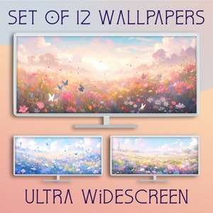 Wild Flowers Wallpaper Collection, 12 Digital Backgrounds, Commercial Use, High Resolution, 21:9, Banner, Desktop, Lofi, Instant Download