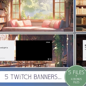 Puede incluir: Cinco diseños de banners de Twitch que presentan un escenario de biblioteca con estanterías, una ventana con vista a un jardín y un sofá con almohadas. Los banners incluyen el texto "SunnyAndLight is offline." y "5 Twitch Banners... 5 Files + 4 Bonus Files".