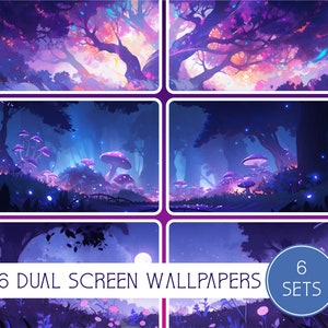 May include: Six sets of dual screen wallpapers featuring a magical forest scene with glowing trees, mushrooms, and blue lights. The text "6 DUAL SCREEN WALLPAPERS 6 SETS" is visible in the image.
