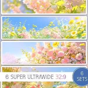 Könnte beinhalten: Digitaldruck mit sechs super-ultrabreiten floralen Designs. Jedes Design zeigt eine andere Anordnung von rosa, gelben und weißen Blumen vor einem blauen Himmel. Der Text "6 SUPER ULTRAWIDE 32:9" ist sichtbar.