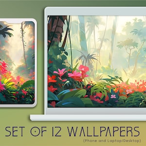 Tropical Jungle Wallpaper Collection, 12 Digital Backgrounds, Commercial Use, High Resolution, 16:9, Mobile, Desktop, Lofi, Instant Download