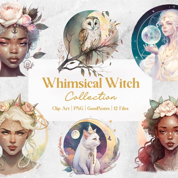 12 pc Whimsical Witch Clipart Collection, Commercial Use, Goodnotes, Bonus Stickers, Good Witch-theme, white witch, pegan, owl, cat, crystal