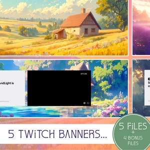 Puede incluir: Ilustración digital que presenta cinco banners de Twitch con ilustraciones de paisajes. Un banner muestra una casa en un campo, y otro un campo de lavanda. El texto "SunnyAndLight is offline" aparece en dos banners. Incluye el texto "5 Twitch Banners..." y "5 FILES + 4 BONUS FILES."