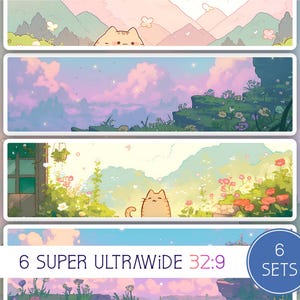 Pode incluir: Um conjunto de seis impressões de arte super ultra largas 32:9. Cada impressão apresenta uma cena de paisagem diferente com cores pastel, incluindo montanhas, nuvens e flores. Algumas impressões incluem um gato de desenho animado. As impressões são rotuladas como "6 Sets".