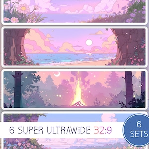May include: A collection of six super ultrawide 32:9 landscape art prints. Each print showcases a unique pastel-toned scenic view, including beaches, forests, and floral landscapes. The prints are framed in white.