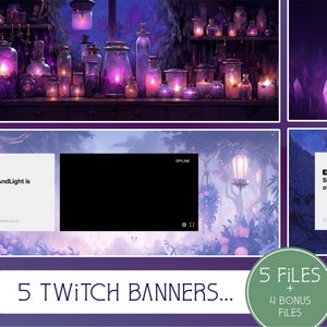 Puede incluir: Cinco diseños de banners de Twitch que presentan una escena de bosque púrpura y azul con frascos brillantes y una pantalla negra con el texto "OFFLINE SunnyAndLight is offline."