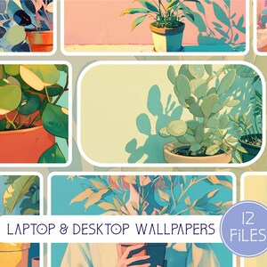 Peut inclure: Un ensemble de 12 illustrations numériques représentant différentes plantes en pot dans un style coloré et stylisé. Les illustrations sont parfaites pour être utilisées comme fonds d'écran pour ordinateur portable ou de bureau.