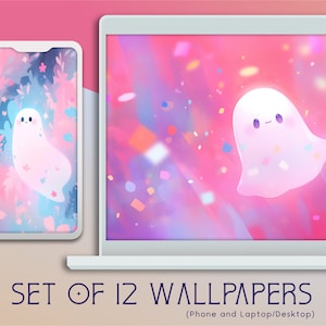 Cute Ghost Wallpaper Collection, 12 Digital Backgrounds, Commercial Use, High Resolution, 16:9, Mobile and Desktop, Lofi, Instant Download
