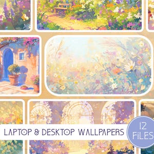 Könnte beinhalten: Eine Sammlung von 12 digitalen Laptop- und Desktop-Hintergrundbildern mit verschiedenen Blumen- und Gartenszenen. Die Bilder sind in einer weichen, pastellfarbenen Farbpalette gemalt und zeigen zarte Blumen, üppiges Grün und sonnenbeschienene Pfade.
